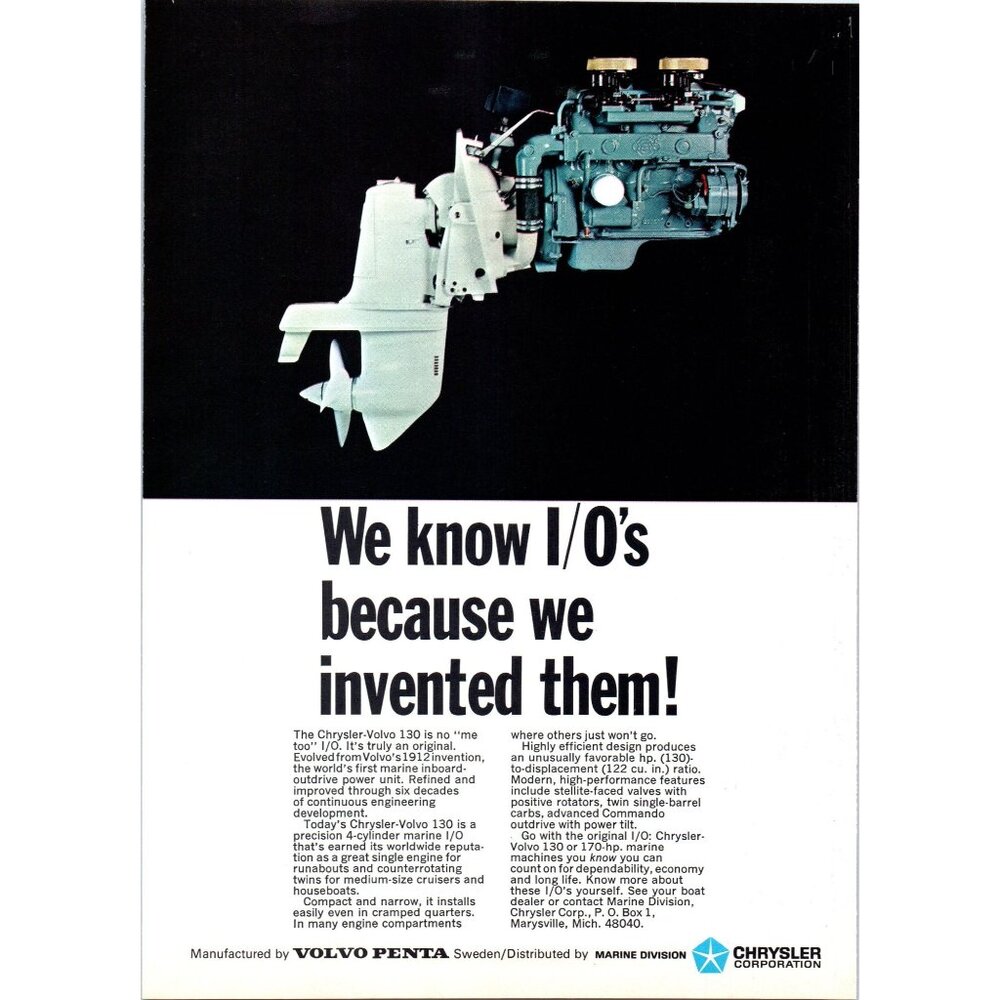 1971 Chrysler Volvo Penta 130 Inboard Outboard Vintage Print Ad Motor Wall Art